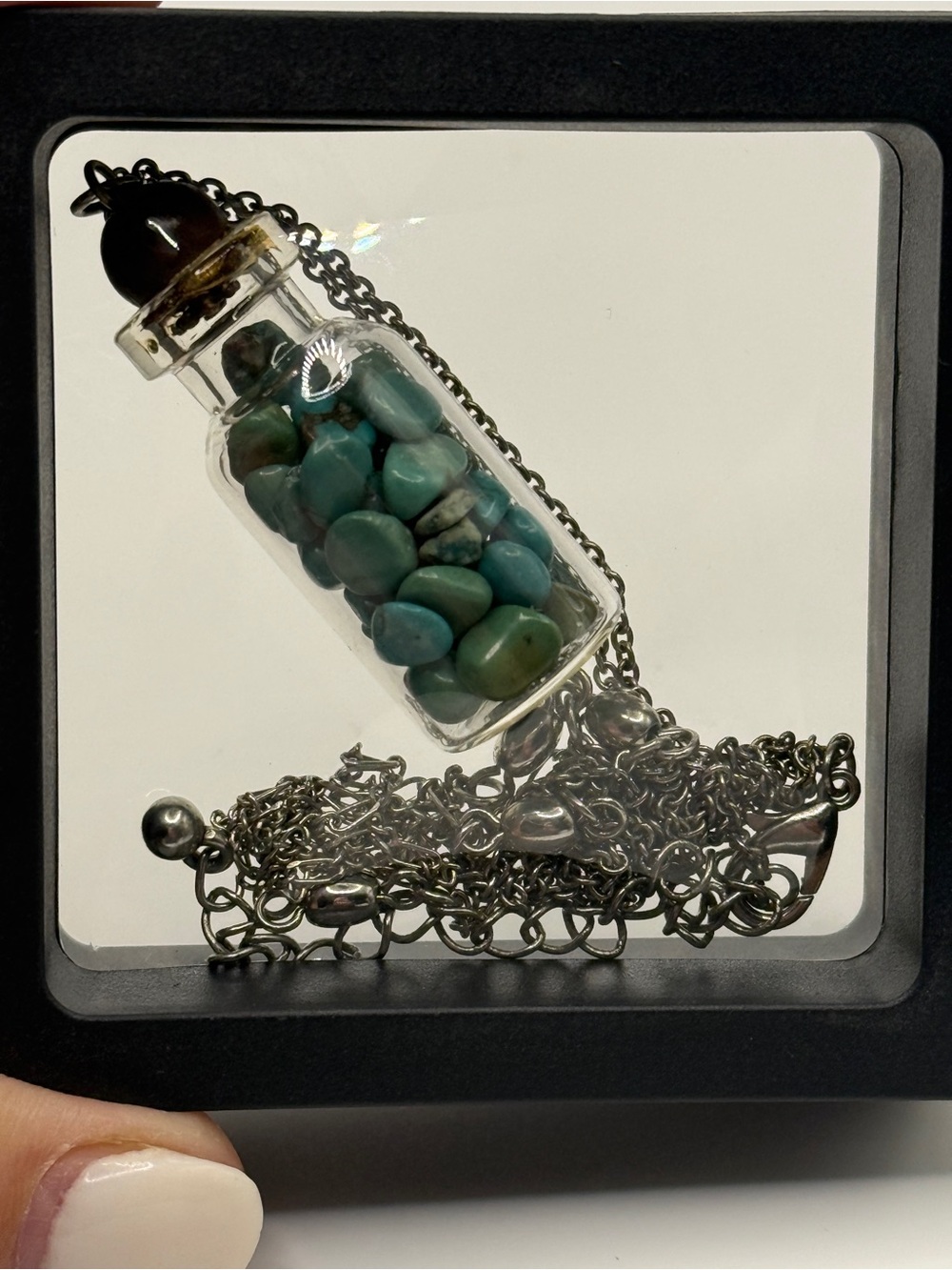 Turquoise Crystal Chips in a Bottle Pendant Necklace Boho